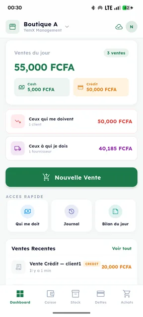 YemX cahier numérique commerçants — Tableau de bord affichant les ventes du jour et crédits clients au Cameroun