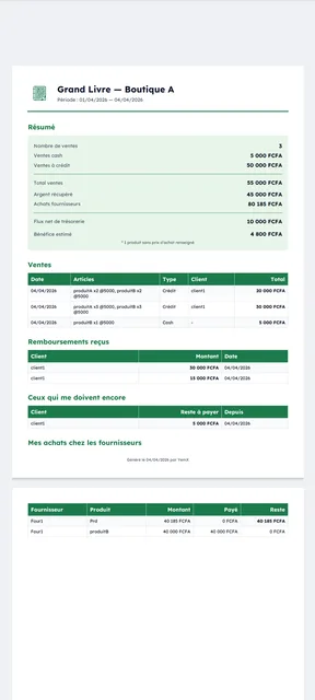 YemX — Rapport PDF de gestion commerciale : grand livre des ventes et crédits clients