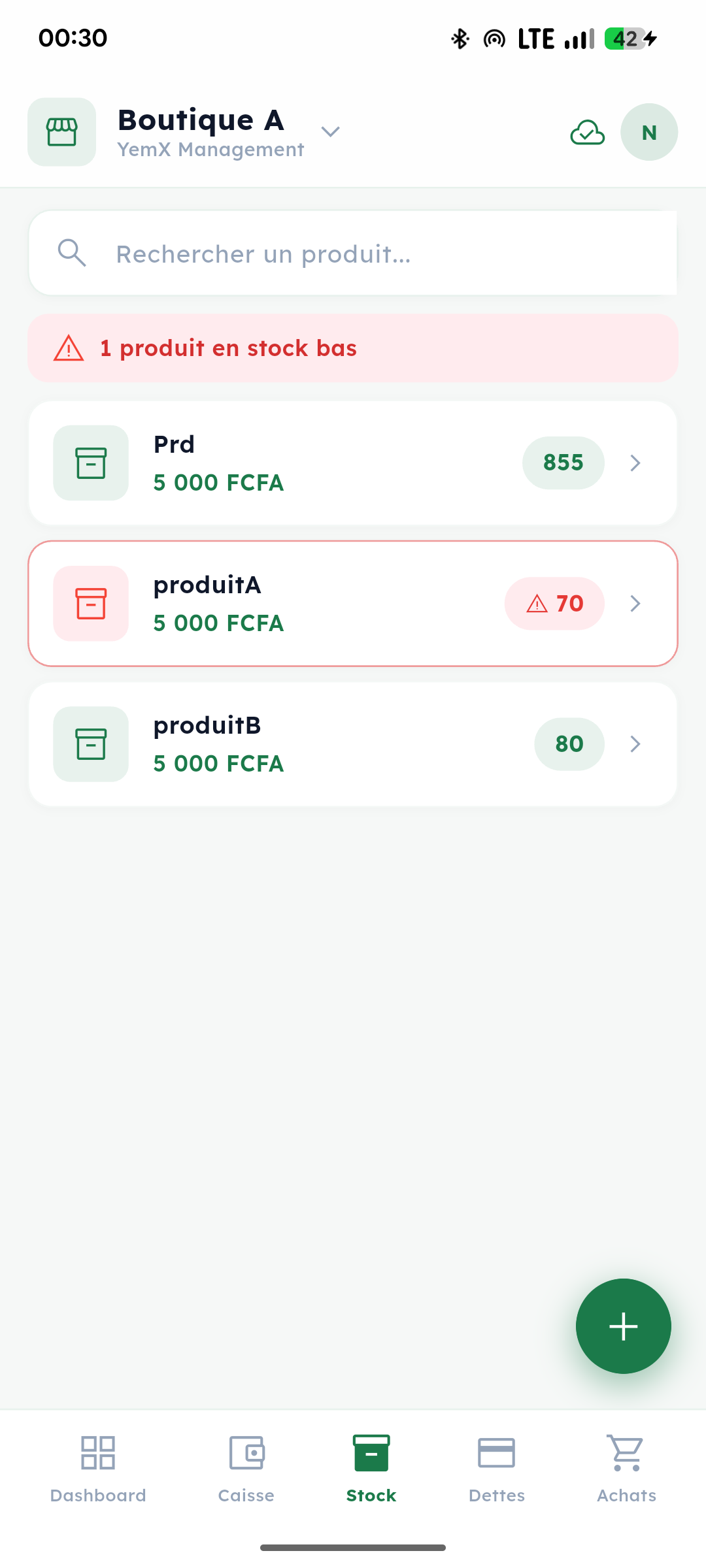 YemX — Liste des produits en stock avec alerte de stock bas